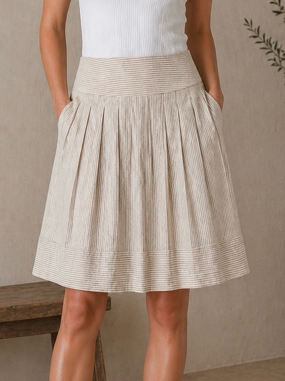 Seersucker Pleated Skirt Cotton In Moda A Line Pockets Tan White 6